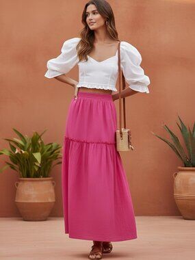 ELF Annabelle Linen Maxi Skirt Pockets Pink S EUC
